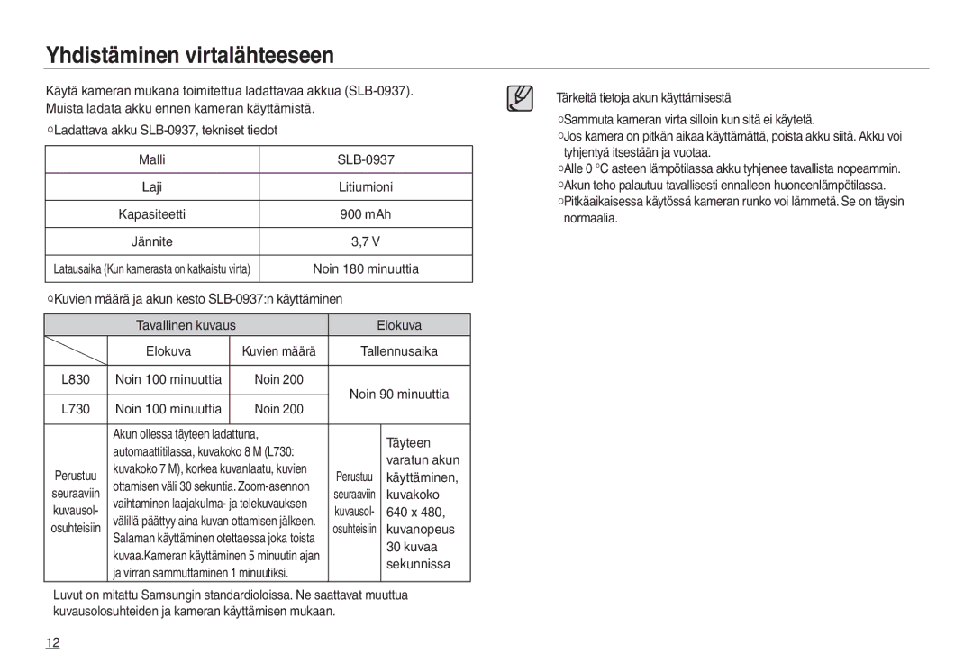 Samsung EC-L830ZSDA/E3, EC-L730ZSDA/E3, EC-L830ZBDA/E3, EC-L730ZBBA/E2, EC-L730ZBDA/E3 manual Yhdistäminen virtalähteeseen 