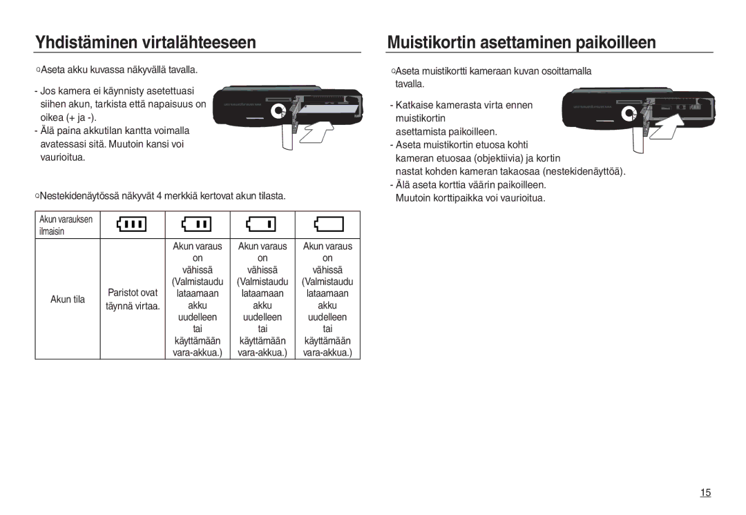 Samsung EC-L730ZRBA/E2, EC-L730ZSDA/E3, EC-L830ZBDA/E3 manual Muistikortin asettaminen paikoilleen, Ilmaisin, Akun tila 