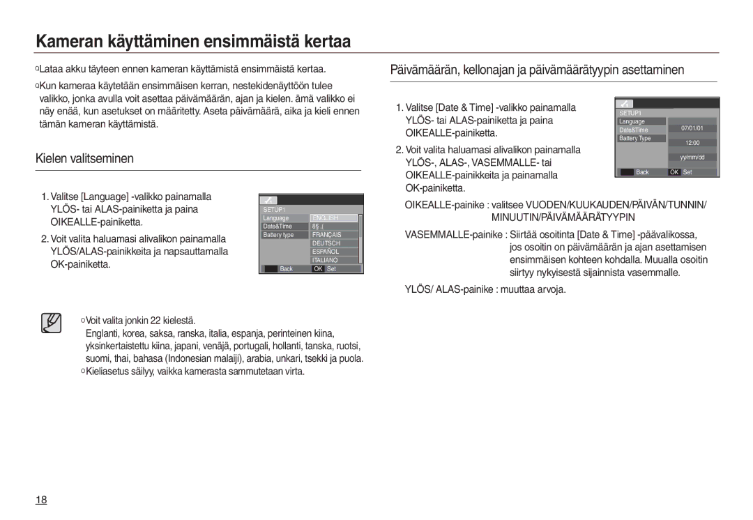 Samsung EC-L830ZBBA/E2 Kameran käyttäminen ensimmäistä kertaa, Päivämäärän, kellonajan ja päivämäärätyypin asettaminen 