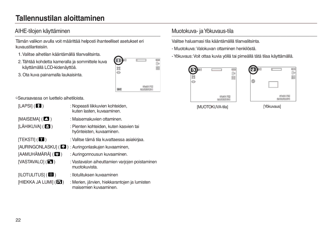 Samsung EC-L830ZSDA/E3, EC-L730ZSDA/E3 AIHE-tilojen käyttäminen, Muotokuva- ja Yökuvaus-tila, Lapsi, Vastavalo, Ilotulitus 