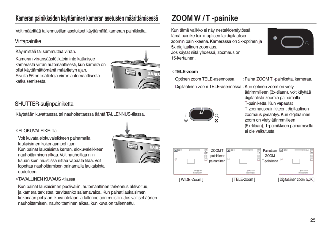 Samsung EC-L730ZRBA/E2, EC-L730ZSDA/E3, EC-L830ZBDA/E3 manual Zoom W / T -painike, Virtapainike, SHUTTER-suljinpainiketta 