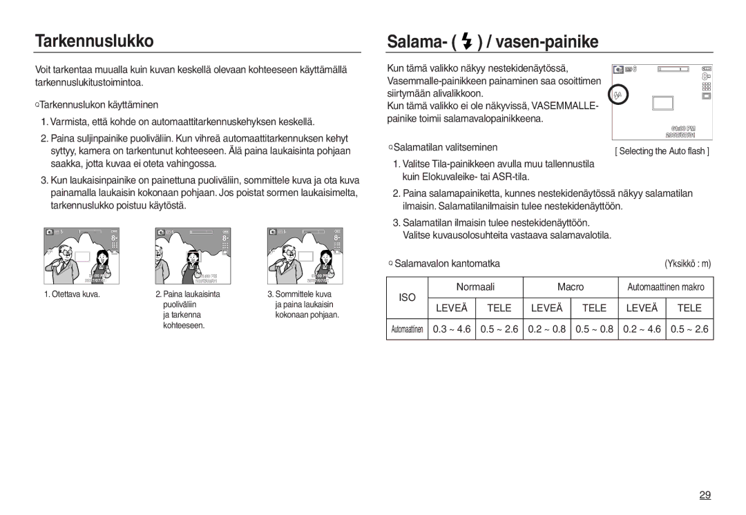 Samsung EC-L730ZSDA/E3, EC-L830ZBDA/E3, EC-L730ZBBA/E2, EC-L830ZSDA/E3 Tarkennuslukko, Salama- / vasen-painike, Leveä Tele 