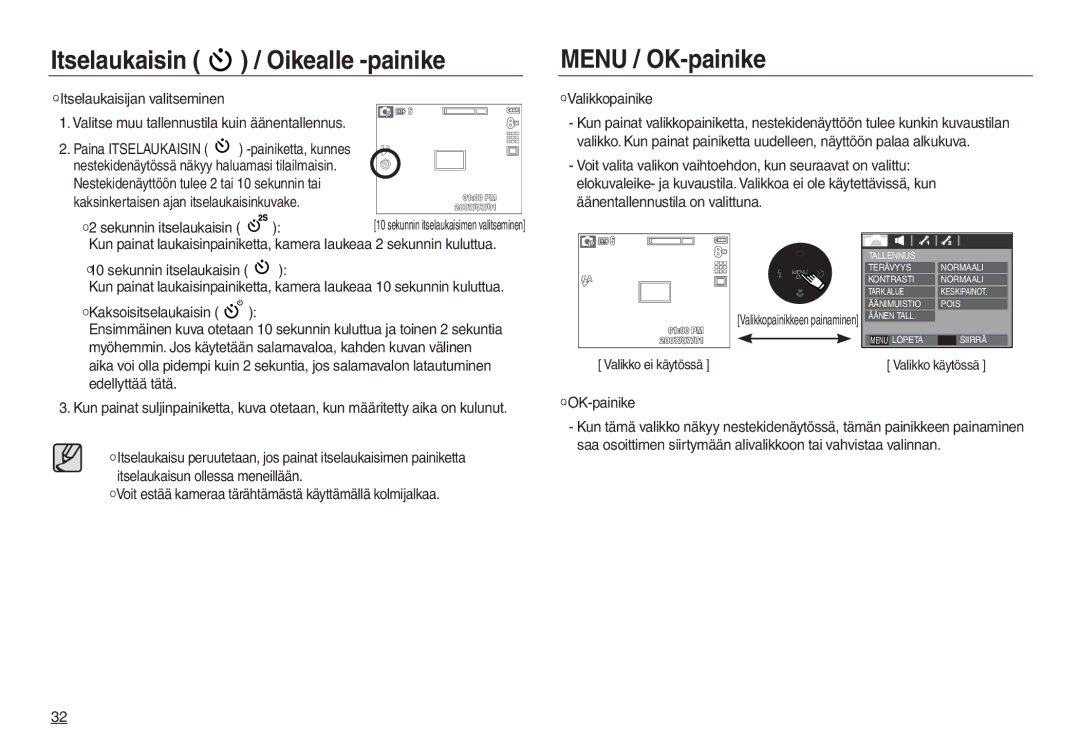 Samsung EC-L830ZSDA/E3, EC-L730ZSDA/E3, EC-L830ZBDA/E3 Itselaukaisin / Oikealle -painike, Menu / OK-painike, Valikkopainike 