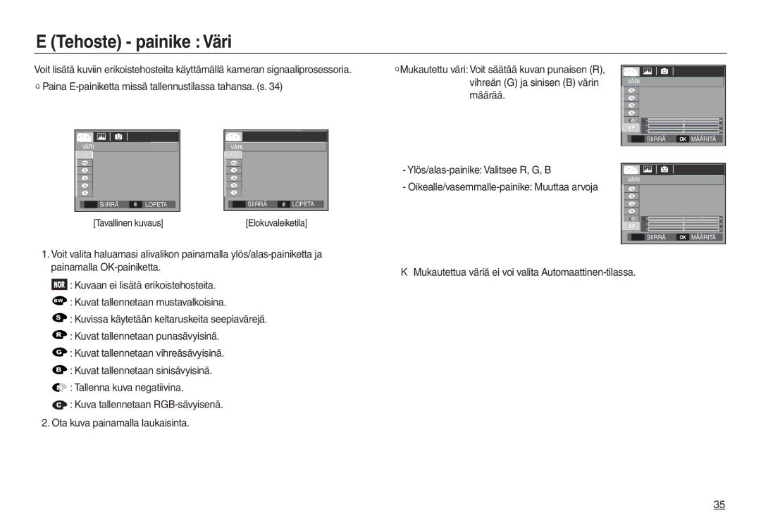 Samsung EC-L730ZRBA/E2, EC-L730ZSDA/E3 manual Tehoste painike Väri, Määrää, Tavallinen kuvaus, Tallenna kuva negatiivina 