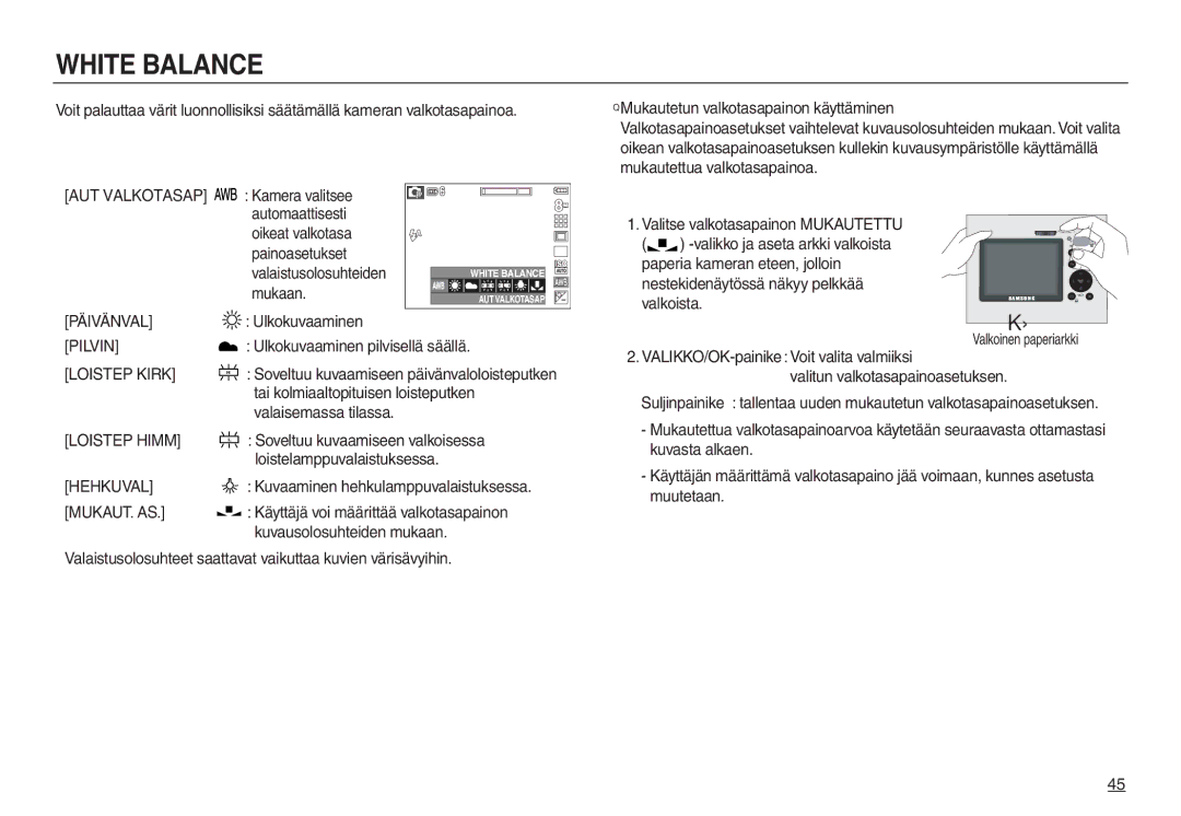 Samsung EC-L730ZRBA/E2, EC-L730ZSDA/E3, EC-L830ZBDA/E3 Päivänval, Pilvin, Loistep Kirk, Loistep Himm, Hehkuval, Mukaut. As 