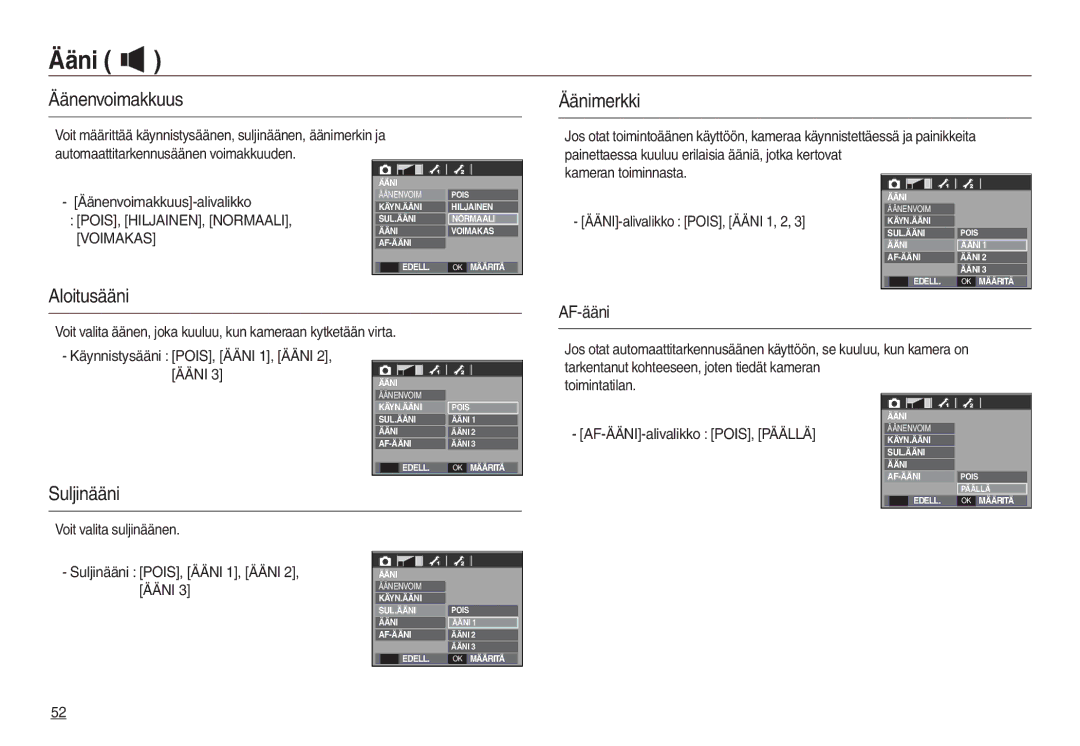 Samsung EC-L830ZSDA/E3, EC-L730ZSDA/E3, EC-L830ZBDA/E3 manual Äänenvoimakkuus, Äänimerkki, Aloitusääni, Suljinääni 