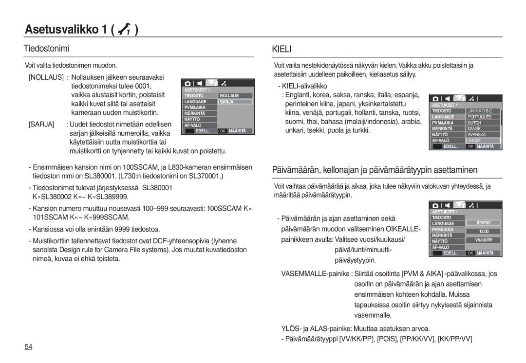 Samsung EC-L830ZRBA/E2, EC-L730ZSDA/E3, EC-L830ZBDA/E3, EC-L730ZBBA/E2, EC-L830ZSDA/E3 manual Asetusvalikko, Tiedostonimi 