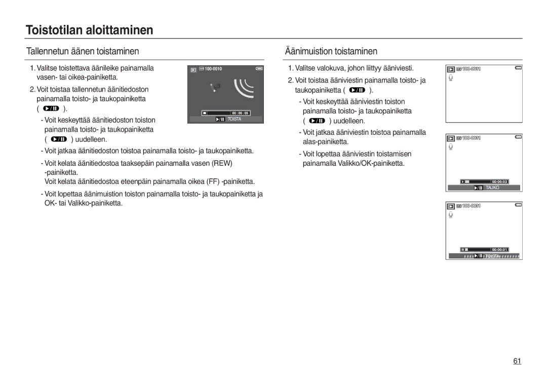 Samsung EC-L730ZBBA/E2, EC-L730ZSDA/E3, EC-L830ZBDA/E3 Tallennetun äänen toistaminen Äänimuistion toistaminen, Uudelleen 