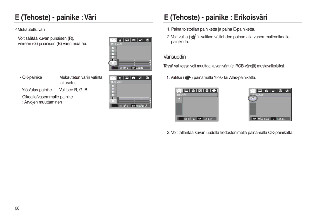 Samsung EC-L830ZBBA/E2, EC-L730ZSDA/E3, EC-L830ZBDA/E3 manual Tehoste painike Väri Tehoste painike Erikoisväri, Värisuodin 