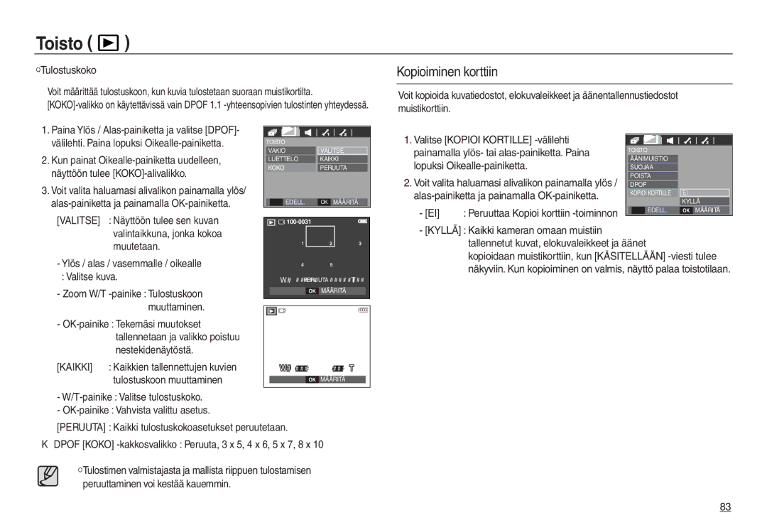 Samsung EC-L730ZBDA/E3, EC-L730ZSDA/E3 manual Kopioiminen korttiin, Tulostuskoko, Valitse Näyttöön tulee sen kuvan, Kaikki 