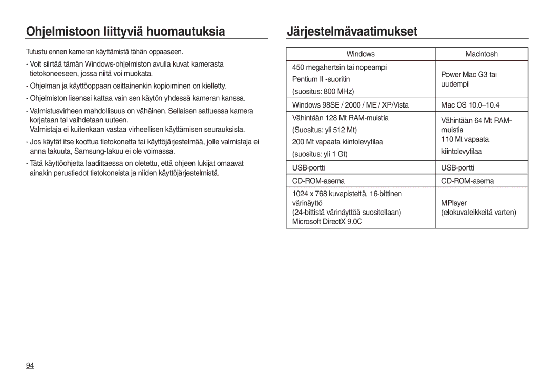 Samsung EC-L830ZRBA/E2, EC-L730ZSDA/E3, EC-L830ZBDA/E3 manual Ohjelmistoon liittyviä huomautuksia, Järjestelmävaatimukset 