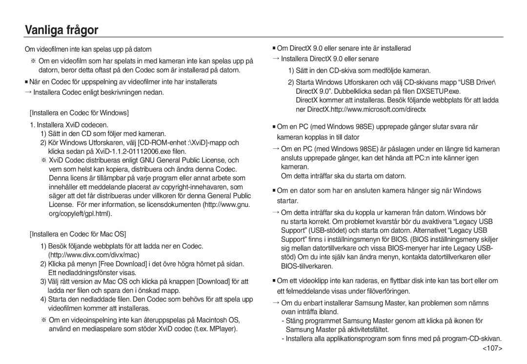 Samsung EC-L830ZSBA/E2, EC-L730ZSDA/E3, EC-L830ZBDA/E3, EC-L730ZBBA/E2 manual Om videofilmen inte kan spelas upp på datorn 