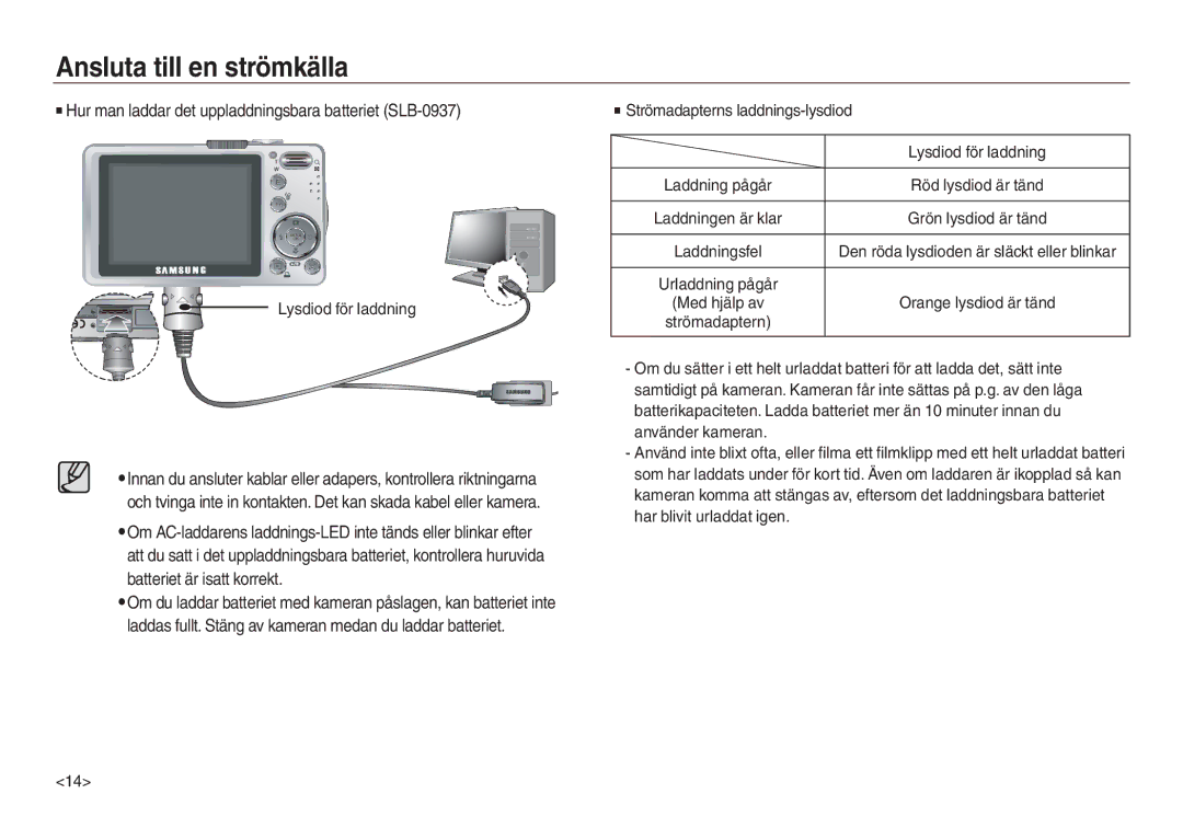 Samsung EC-L830ZRBA/E2, EC-L730ZSDA/E3, EC-L830ZBDA/E3 manual Strömadapterns laddnings-lysdiod Lysdiod för laddning 