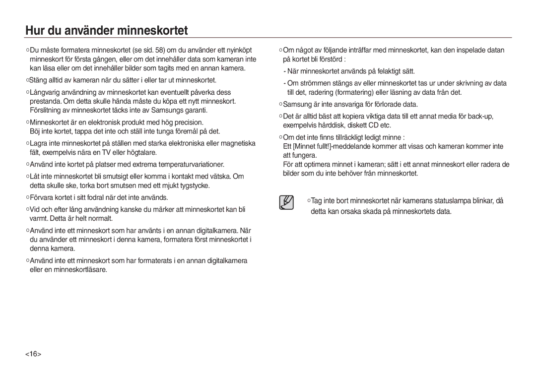 Samsung EC-L730ZSBA/E2, EC-L730ZSDA/E3, EC-L830ZBDA/E3, EC-L730ZBBA/E2, EC-L830ZSDA/E3 manual Hur du använder minneskortet 