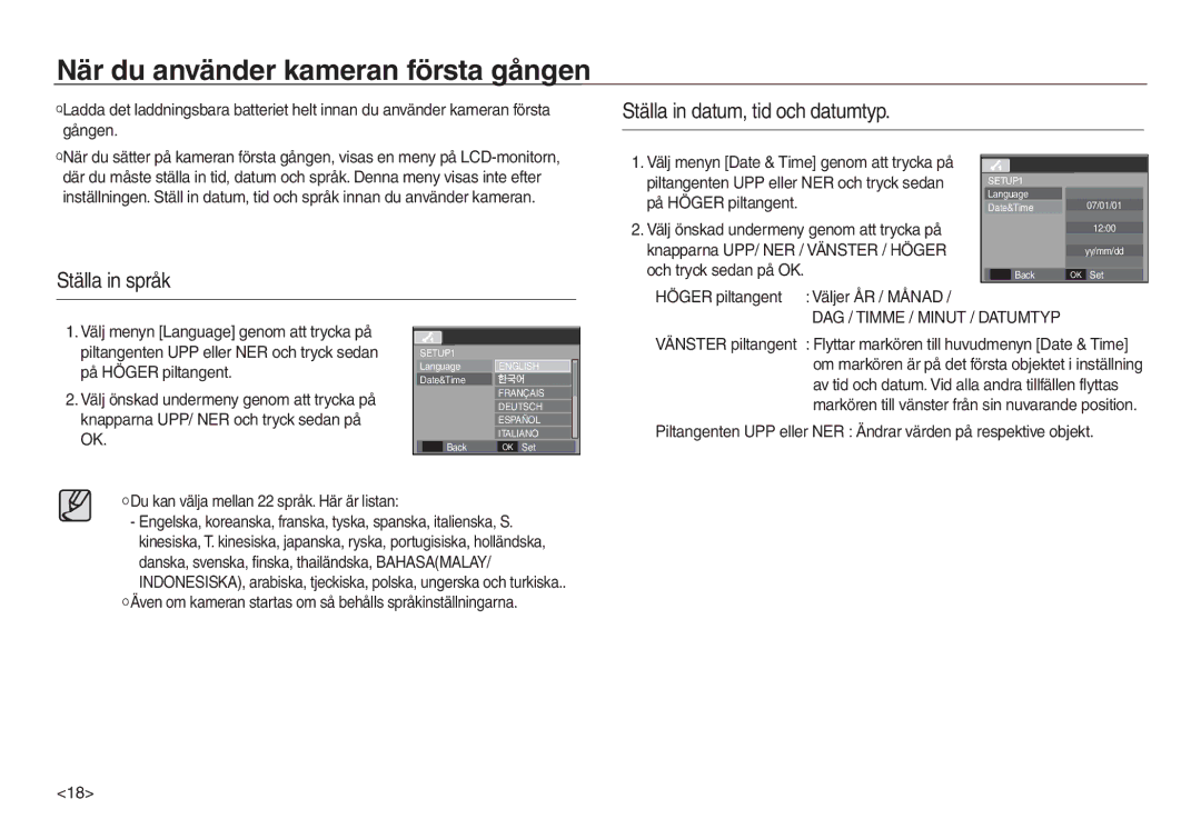 Samsung EC-L830ZBBA/E2 manual När du använder kameran första gången, Ställa in datum, tid och datumtyp, Ställa in språk 