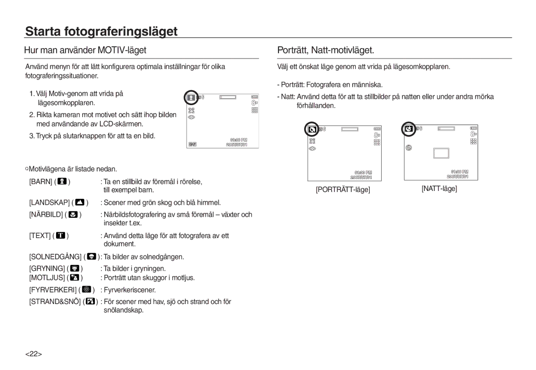 Samsung EC-L830ZSDA/E3, EC-L730ZSDA/E3 manual Hur man använder MOTIV-läget, Porträtt, Natt-motivläget, Gryning, Motljus 