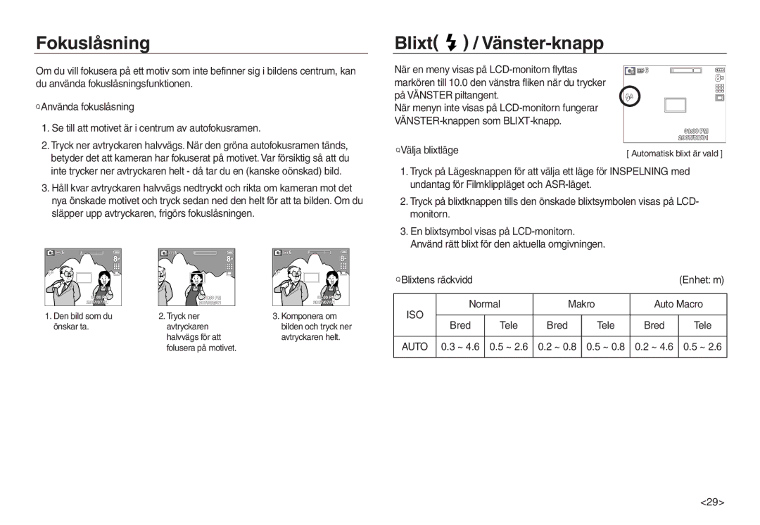 Samsung EC-L730ZSDA/E3, EC-L830ZBDA/E3, EC-L730ZBBA/E2, EC-L830ZSDA/E3 manual Fokuslåsning, Blixt / Vänster-knapp, Auto 