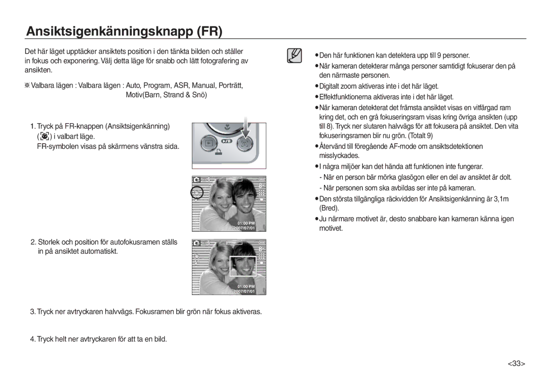 Samsung EC-L730ZBDA/E3, EC-L730ZSDA/E3, EC-L830ZBDA/E3, EC-L730ZBBA/E2, EC-L830ZSDA/E3 manual Ansiktsigenkänningsknapp FR 