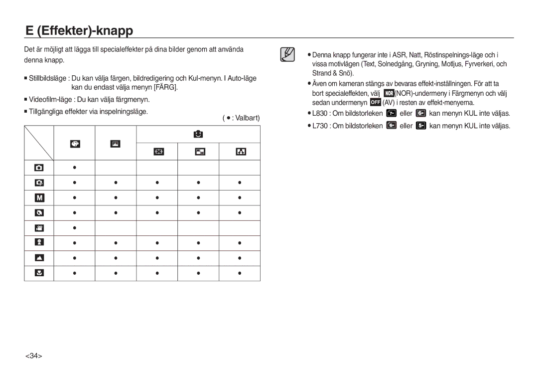 Samsung EC-L830ZRBA/E2, EC-L730ZSDA/E3, EC-L830ZBDA/E3, EC-L730ZBBA/E2, EC-L830ZSDA/E3, EC-L730ZBDA/E3 manual Effekter-knapp 