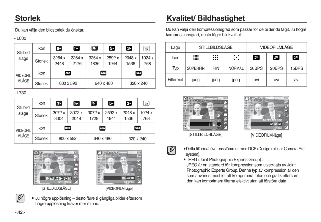 Samsung EC-L830ZSDA/E3, EC-L730ZSDA/E3, EC-L830ZBDA/E3 manual Storlek, Kvalitet/ Bildhastighet, Stillbildsläge Videofilmläge 