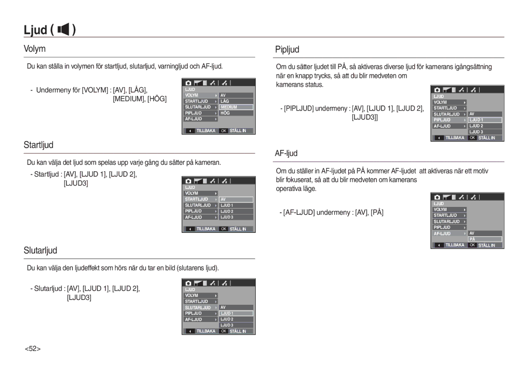 Samsung EC-L830ZSDA/E3, EC-L730ZSDA/E3, EC-L830ZBDA/E3, EC-L730ZBBA/E2 manual Ljud, Volym, Pipljud, Startljud, Slutarljud 