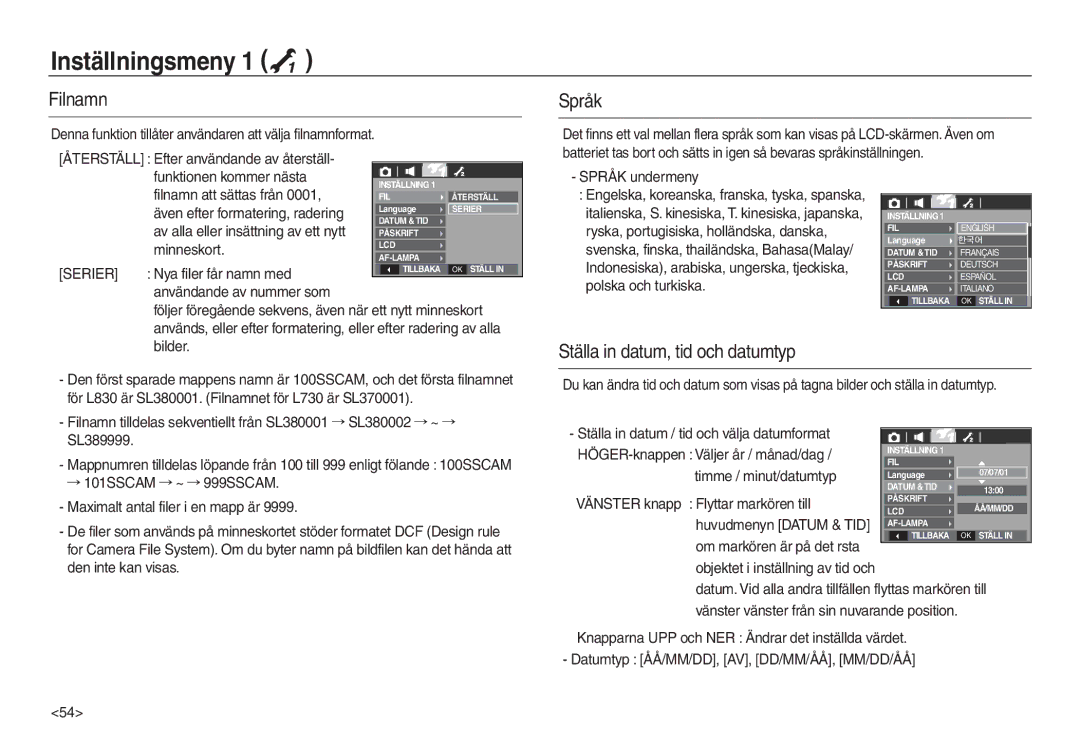 Samsung EC-L830ZRBA/E2, EC-L730ZSDA/E3, EC-L830ZBDA/E3, EC-L730ZBBA/E2, EC-L830ZSDA/E3 manual Inställningsmeny, Filnamn, Språk 