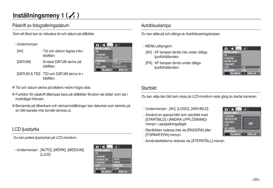 Samsung EC-L730ZRBA/E2, EC-L730ZSDA/E3 manual Påskrift av fotograferingsdatum Autofokuslampa, Startbild, LCD ljusstyrka 