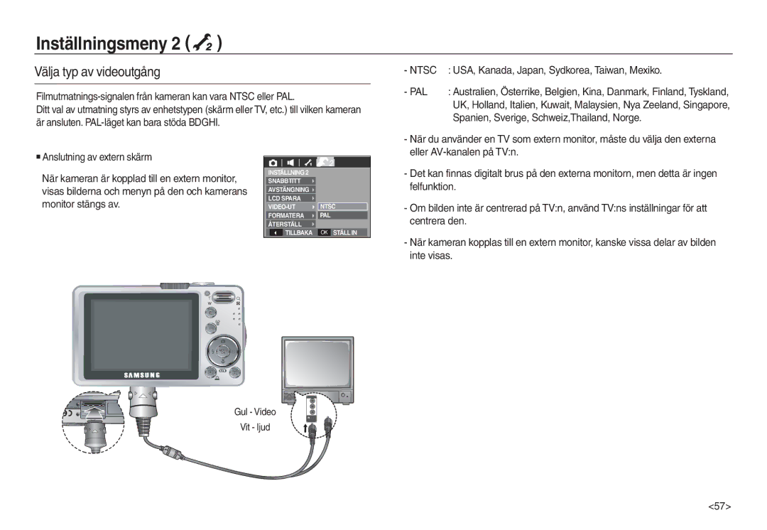 Samsung EC-L830ZSBA/E2, EC-L730ZSDA/E3 Välja typ av videoutgång, Ntsc, USA, Kanada, Japan, Sydkorea, Taiwan, Mexiko, Pal 