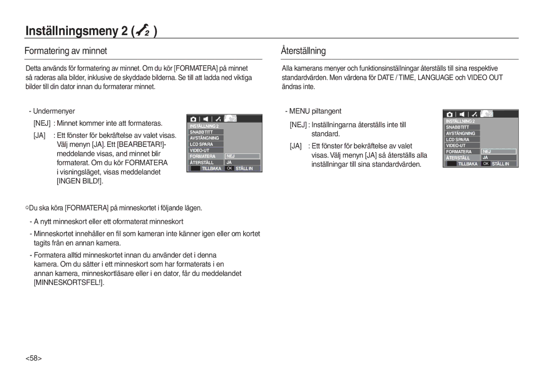 Samsung EC-L830ZBBA/E2, EC-L730ZSDA/E3 Formatering av minnet, Återställning, Visningsläget, visas meddelandet Ingen Bild 