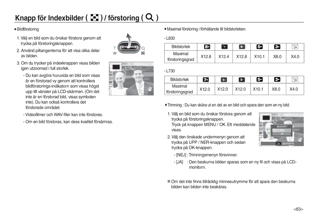 Samsung EC-L730ZBDA/E3 manual Knapp för Indexbilder / förstoring, X12.8 X12.4 X10.1 X8.0 X4.0, X12.0 X10.1 X8.0 X4.0, Visas 