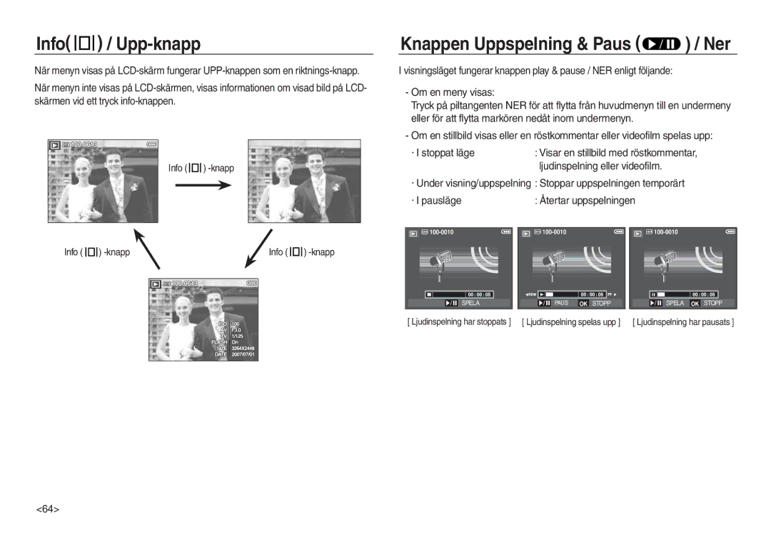 Samsung EC-L830ZRBA/E2, EC-L730ZSDA/E3, EC-L830ZBDA/E3 manual Info / Upp-knapp, Knapp, Ljudinspelning eller videofilm 