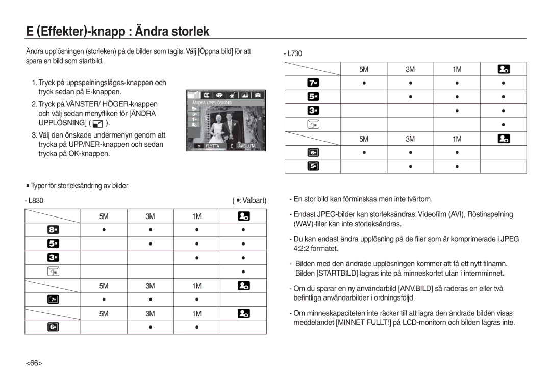 Samsung EC-L730ZSBA/E2, EC-L730ZSDA/E3, EC-L830ZBDA/E3, EC-L730ZBBA/E2 manual Effekter-knapp Ändra storlek, Upplösning 