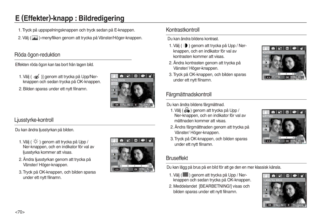 Samsung EC-L830ZBDA/E3, EC-L730ZSDA/E3 manual Effekter-knapp Bildredigering, Röda ögon-reduktion, Ljusstyrke-kontroll 