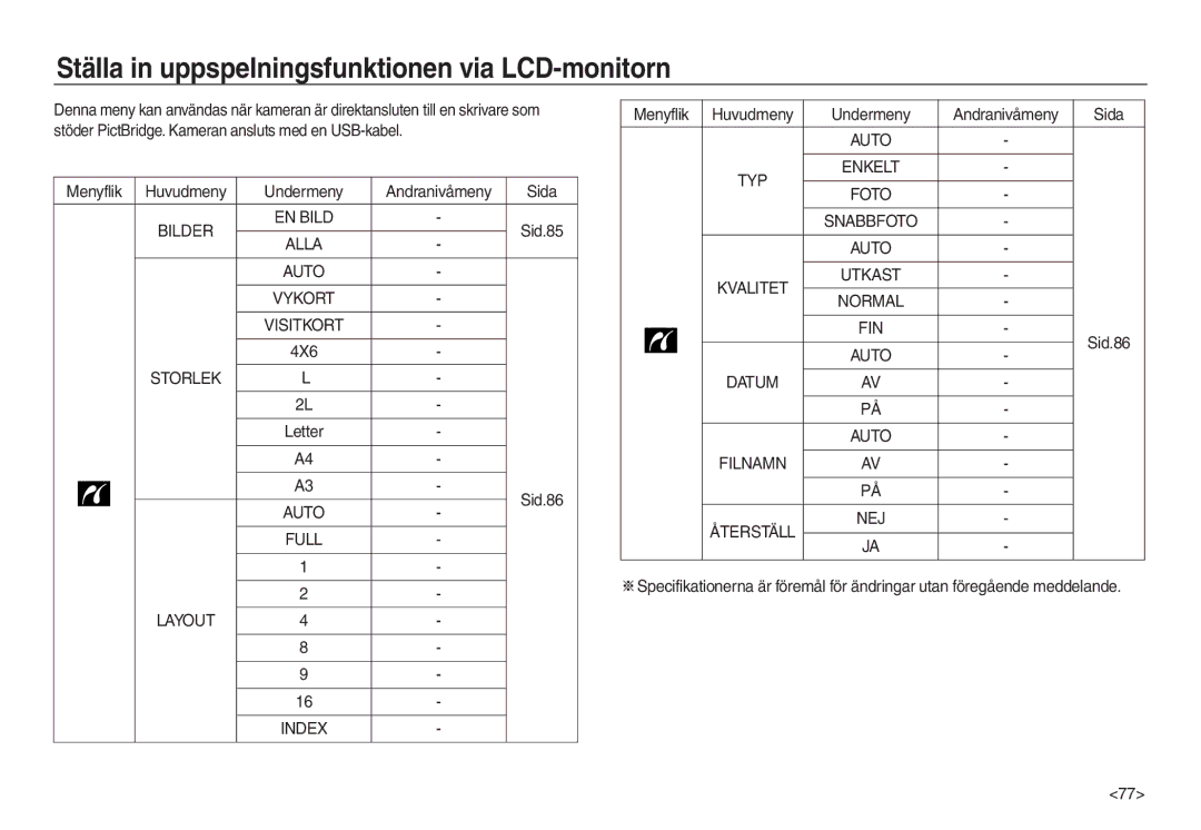 Samsung EC-L830ZSBA/E2 Ställa in uppspelningsfunktionen via LCD-monitorn, Menyflik Huvudmeny Undermeny Andranivåmeny Sida 