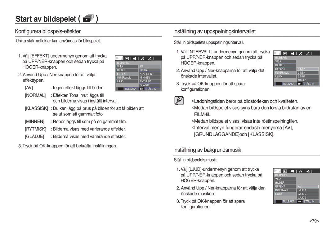 Samsung EC-L730ZSDA/E3 manual Konfigurera bildspels-effekter, Inställning av uppspelningsintervallet, Minnen, Glädje 