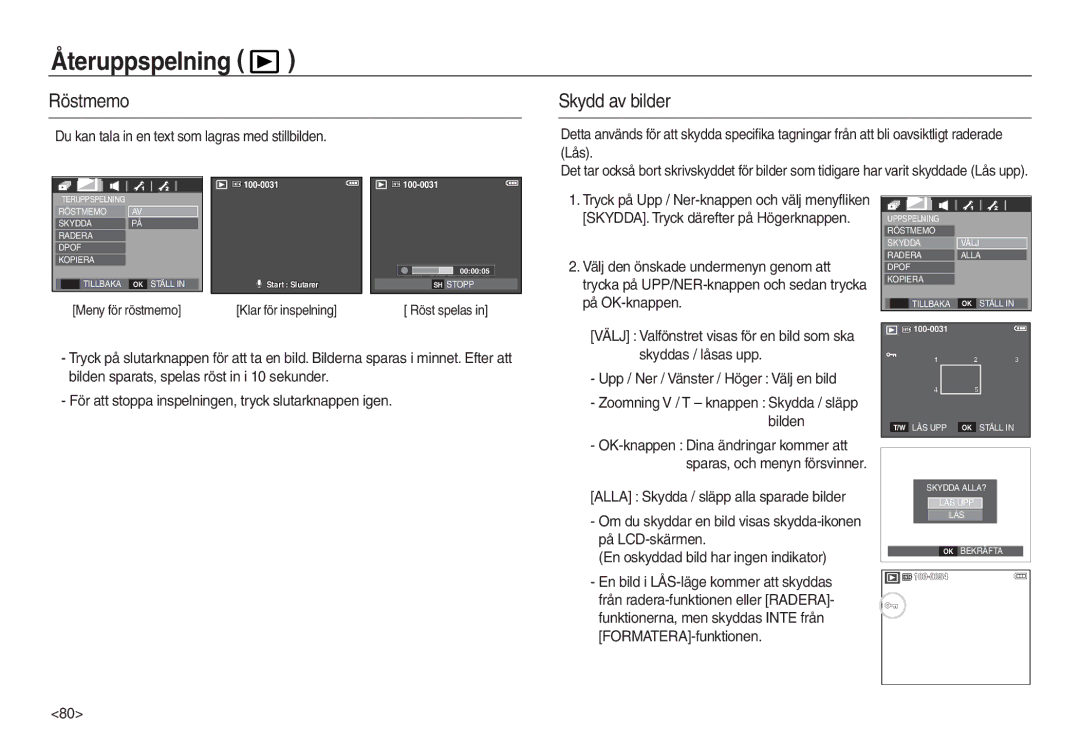 Samsung EC-L830ZBDA/E3, EC-L730ZSDA/E3, EC-L730ZBBA/E2, EC-L830ZSDA/E3 manual Återuppspelning, Röstmemo, Skydd av bilder 