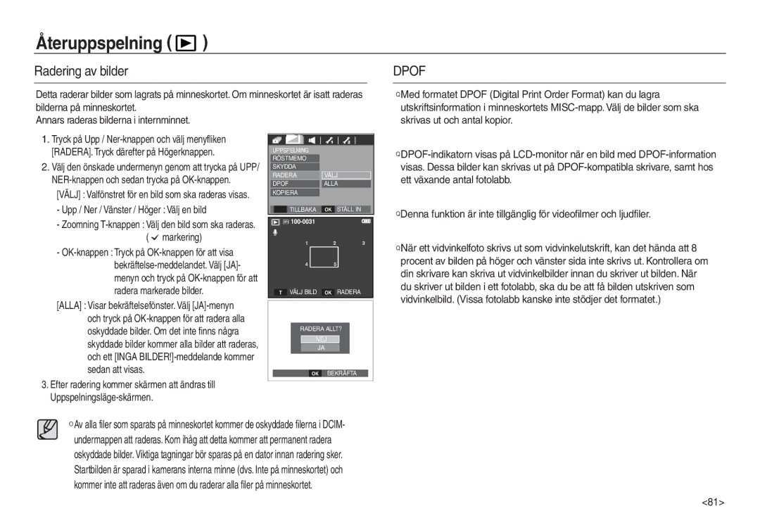 Samsung EC-L730ZBBA/E2, EC-L730ZSDA/E3, EC-L830ZBDA/E3, EC-L830ZSDA/E3, EC-L730ZBDA/E3 manual Radering av bilder, Dpof 