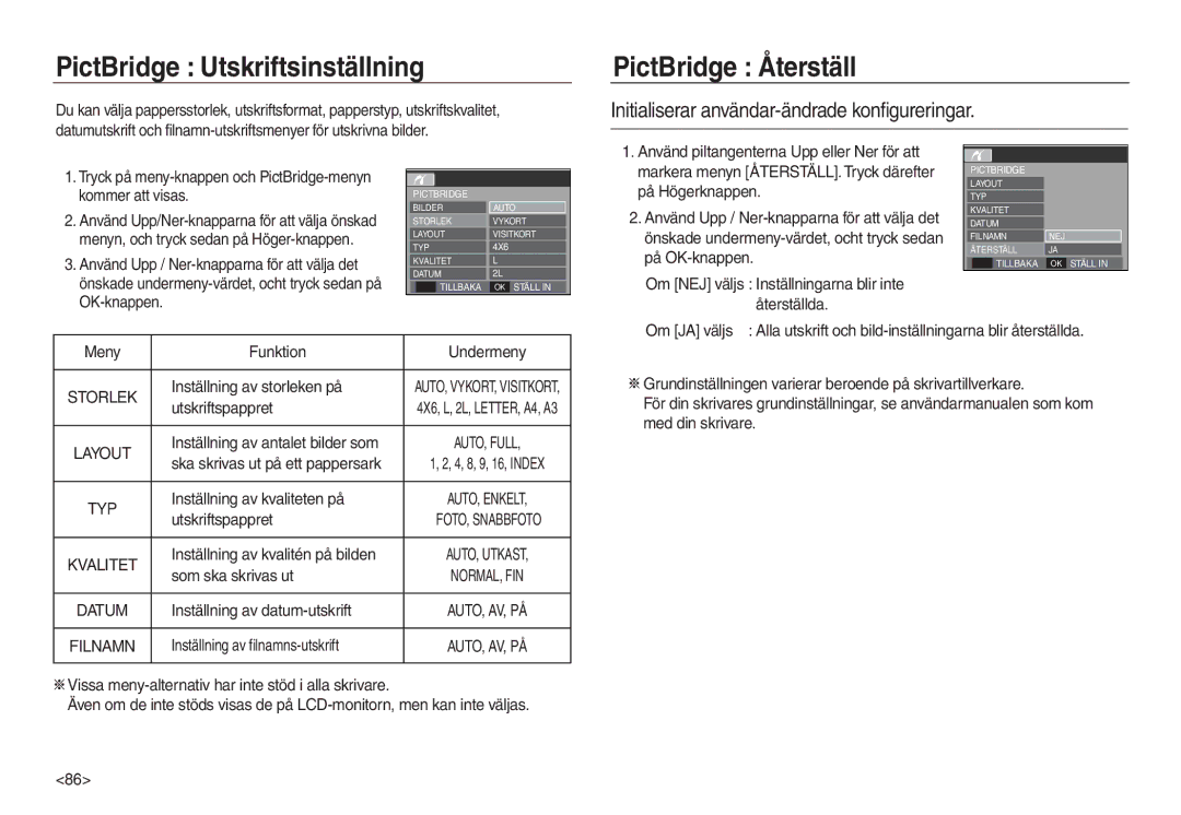 Samsung EC-L730ZSBA/E2, EC-L730ZSDA/E3, EC-L830ZBDA/E3, EC-L730ZBBA/E2 PictBridge Utskriftsinställning, PictBridge Återställ 