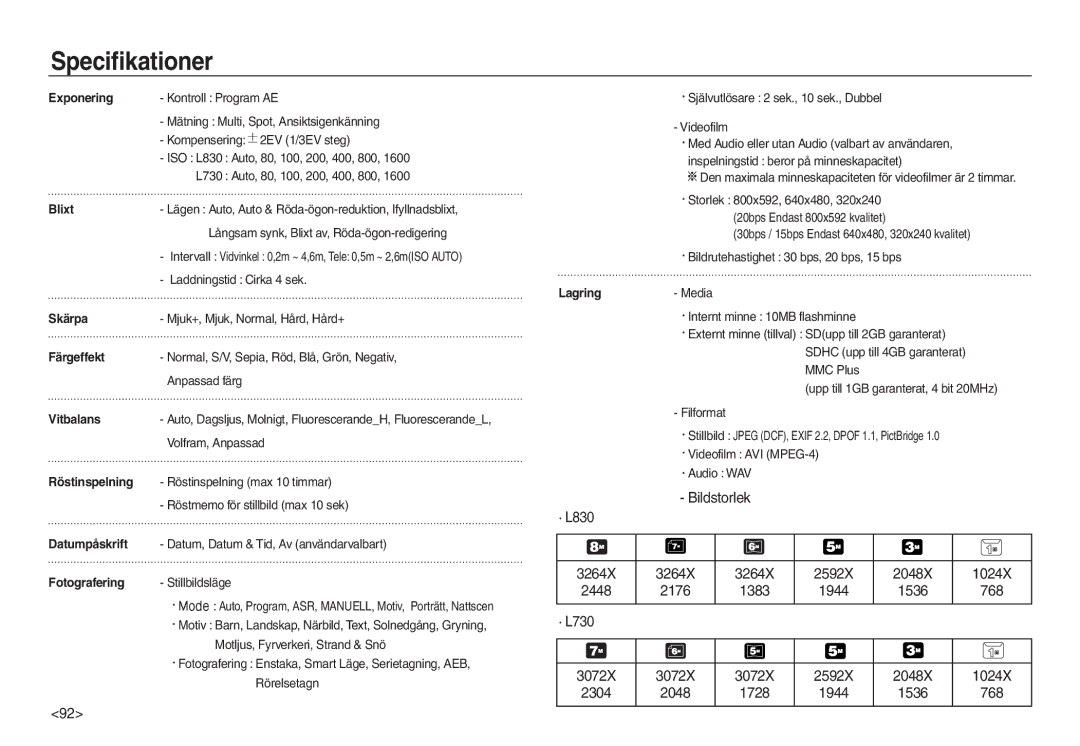 Samsung EC-L830ZSDA/E3, EC-L730ZSDA/E3, EC-L830ZBDA/E3 manual Bildstorlek · L830 3264X 2592X 2048X 1024X, 1383, · L730 3072X 