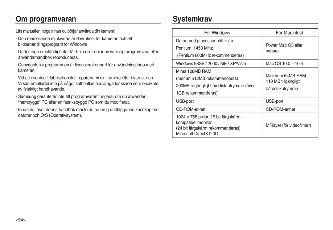 Samsung EC-L830ZRBA/E2, EC-L730ZSDA/E3, EC-L830ZBDA/E3 manual Om programvaran, Systemkrav, Hårddiskutrymme, 1GB rekommenderas 