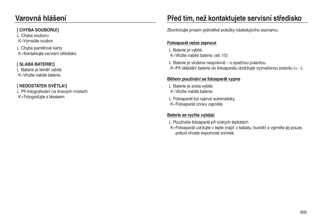 Samsung EC-L730ZSDA/E3, EC-L830ZSDA/E3, EC-L730ZRDA/E3, EC-L730ZBDA/E3 manual ᆞBaterie je téměř vybitá → Vložte nabité baterie 