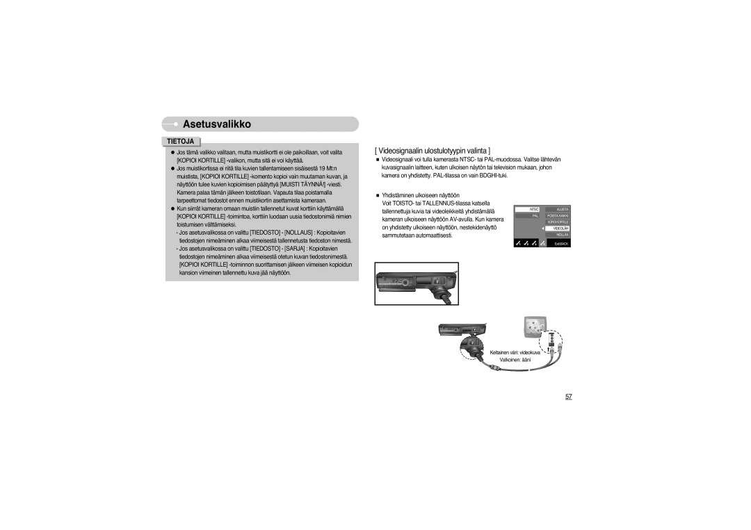 Samsung EC-L73ZZBBA/DE, EC-L73ZZSBA/DE, EC-L73ZZSBA/E1 manual Videosignaalin ulostulotyypin valinta 