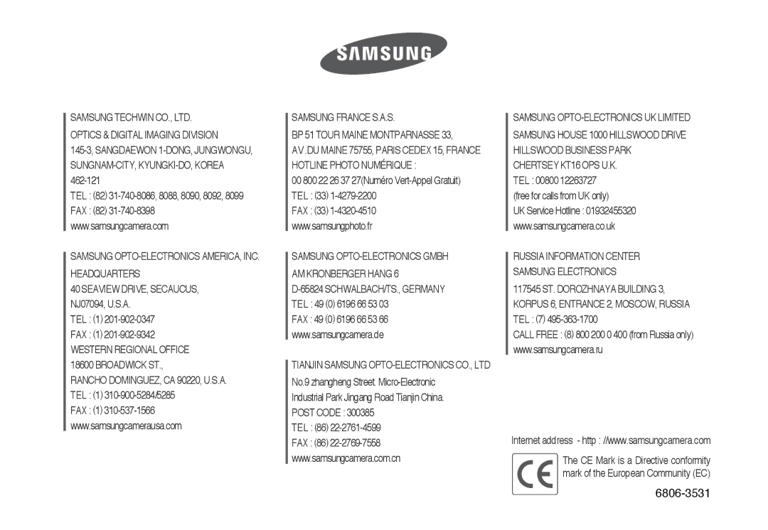 Samsung EC-L73ZZSBA/DE, EC-L73ZZBBA/DE, EC-L73ZZSBA/E1 manual 6806-3531 