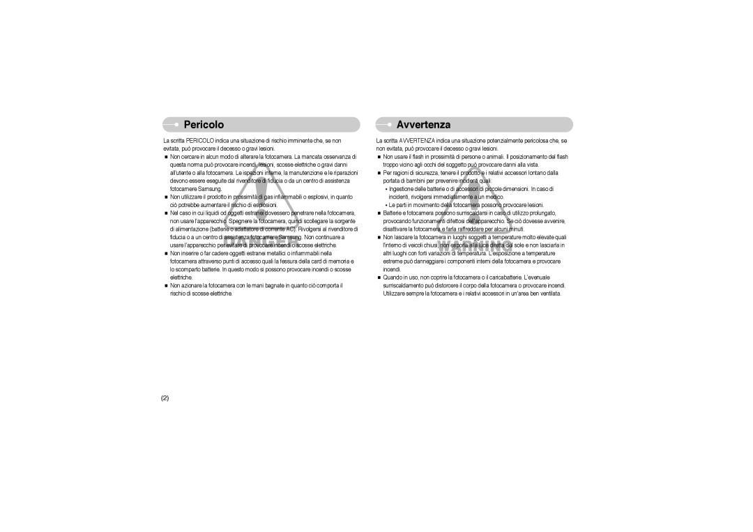 Samsung EC-L73ZZSBA/E1, EC-L73ZZSBA/DE, EC-L73ZZBBA/E1, EC-L73ZZBBA/DE, STW-L73S, STW-L73B, EC-L73ZZBBB/E1 Pericolo, Avvertenza 