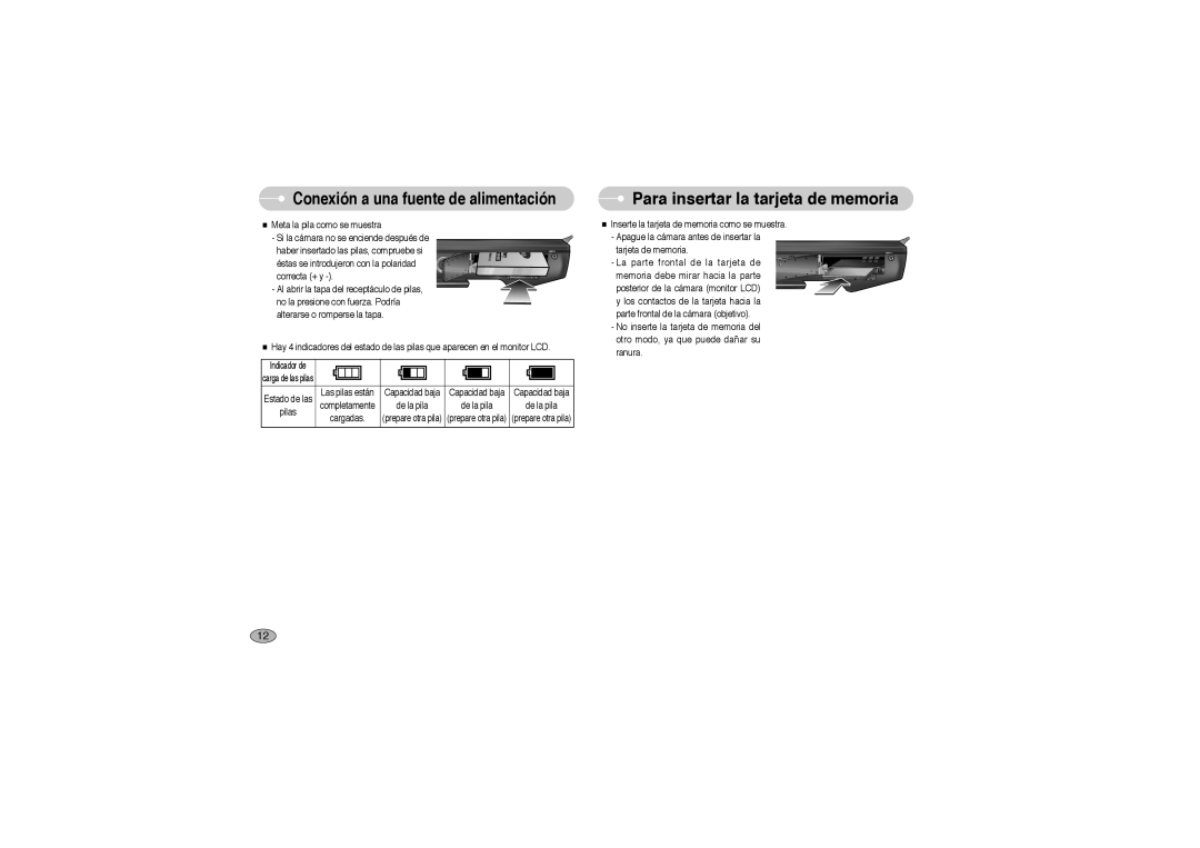 Samsung EC-L73ZZBBA/E1, EC-L73ZZSBA/DE manual Para insertar la tarjeta de memoria, Conexión a una fuente de alimentación 