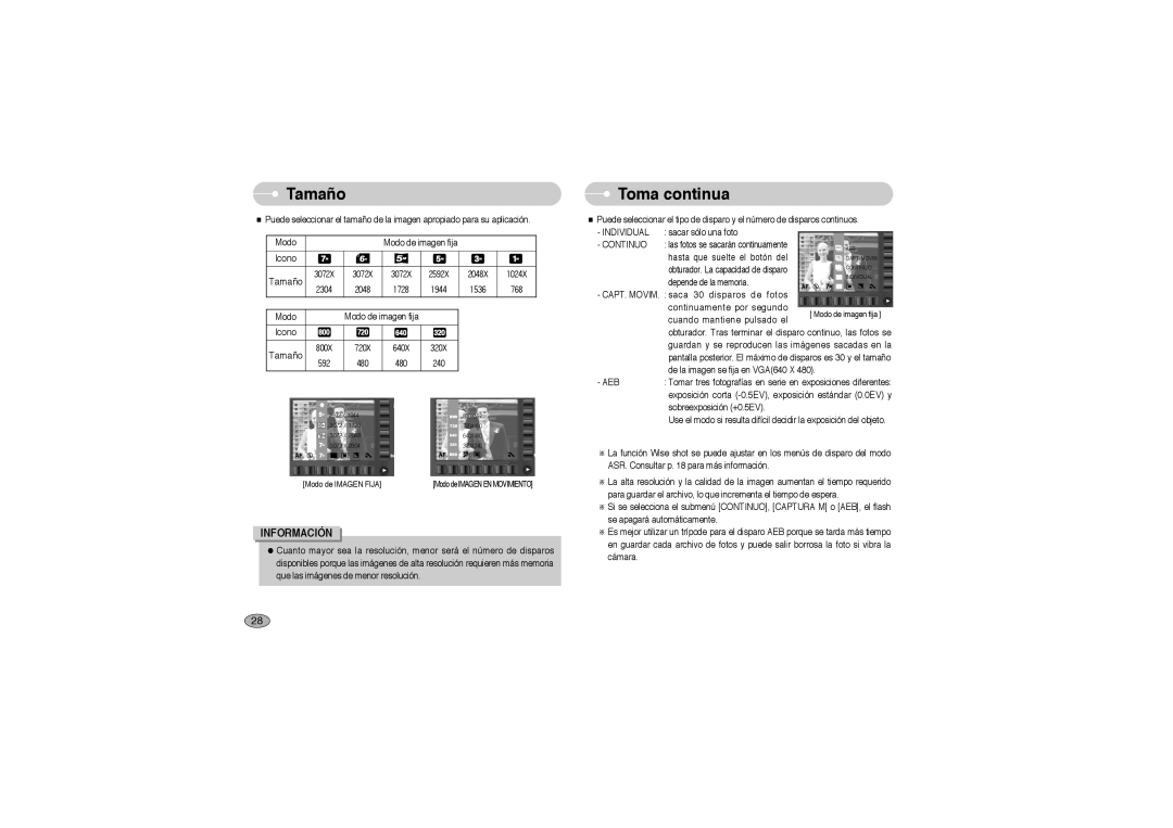 Samsung EC-L73ZZBBA/E1, EC-L73ZZSBA/DE, EC-L73ZZBBA/DE, EC-L73ZZSBA/E1 manual Tamaño, Toma continua, Individual, Continuo 