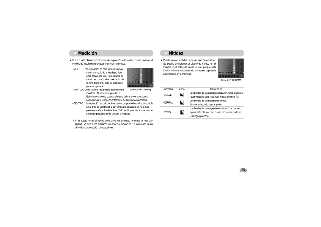 Samsung EC-L73ZZBBA/DE, EC-L73ZZSBA/DE, EC-L73ZZBBA/E1, EC-L73ZZSBA/E1 manual Medición, Nitidez, Multi, Suave, Vivida 