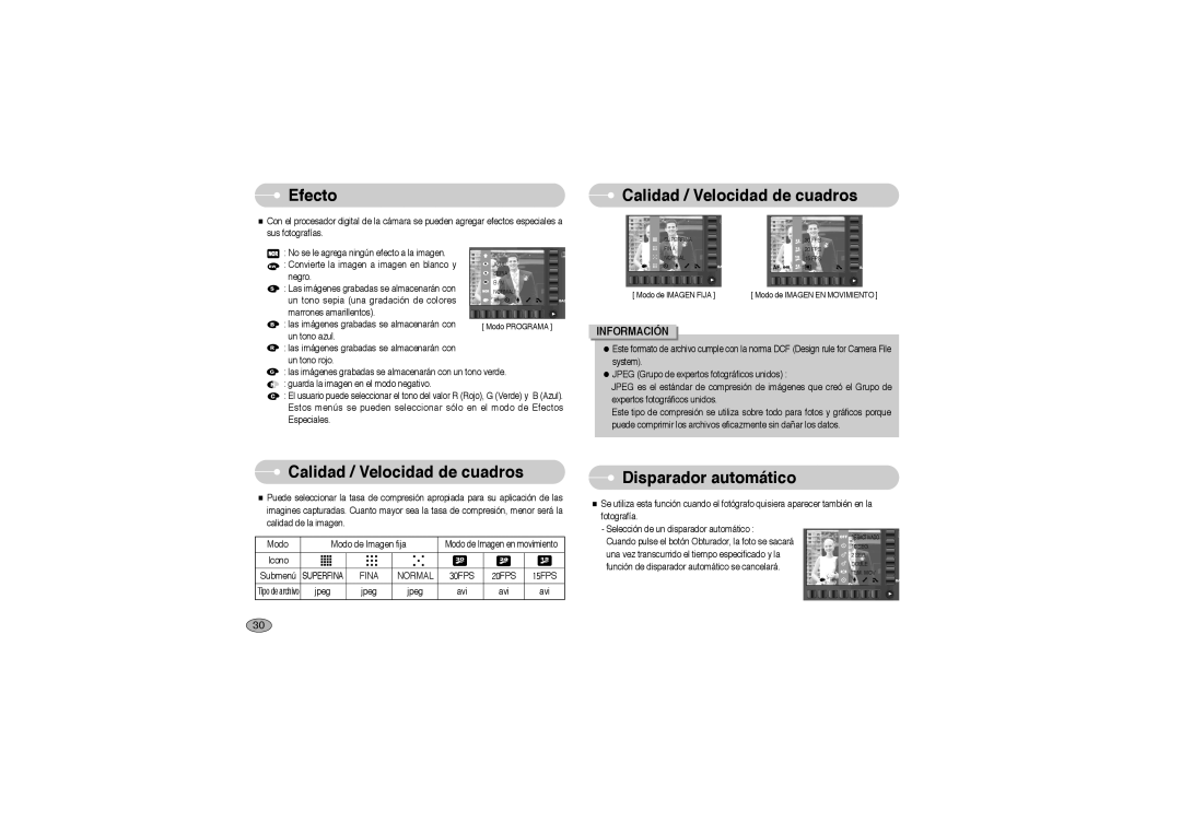 Samsung EC-L73ZZSBA/E1 manual Efecto Calidad / Velocidad de cuadros, Disparador automático, Fina Normal, 20FPS 15FPS 