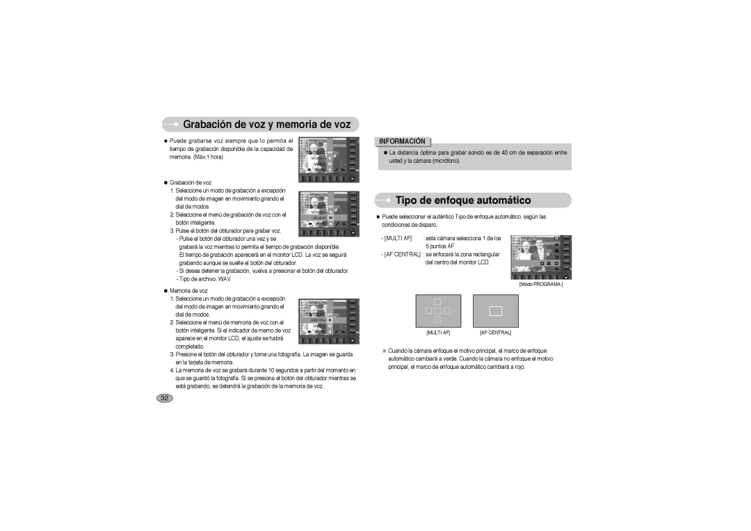 Samsung EC-L73ZZBBA/E1, EC-L73ZZSBA/DE manual Grabación de voz y memoria de voz, Tipo de enfoque automático, Multi AF 