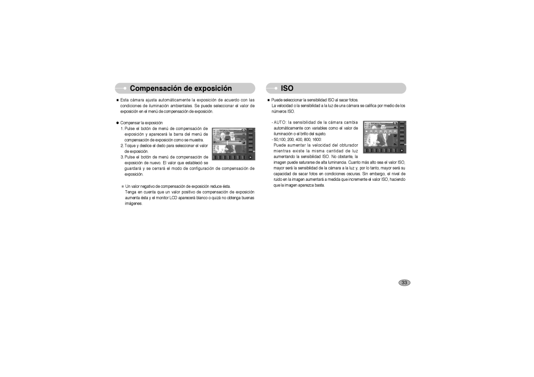 Samsung EC-L73ZZBBA/DE, EC-L73ZZSBA/DE, EC-L73ZZBBA/E1, EC-L73ZZSBA/E1 manual Compensación de exposición, Iso 